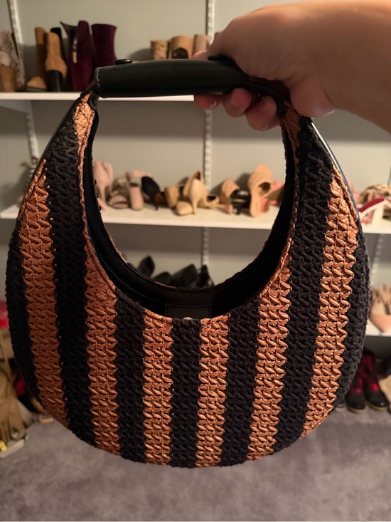 STAUD Handbags - Staud moon raffia - Woven Straw-Style Black and Brown Stripe Dress Hobo Bag
